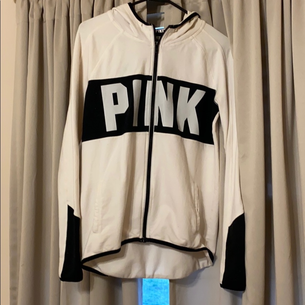 White hoodie with black PINK lettering on front!